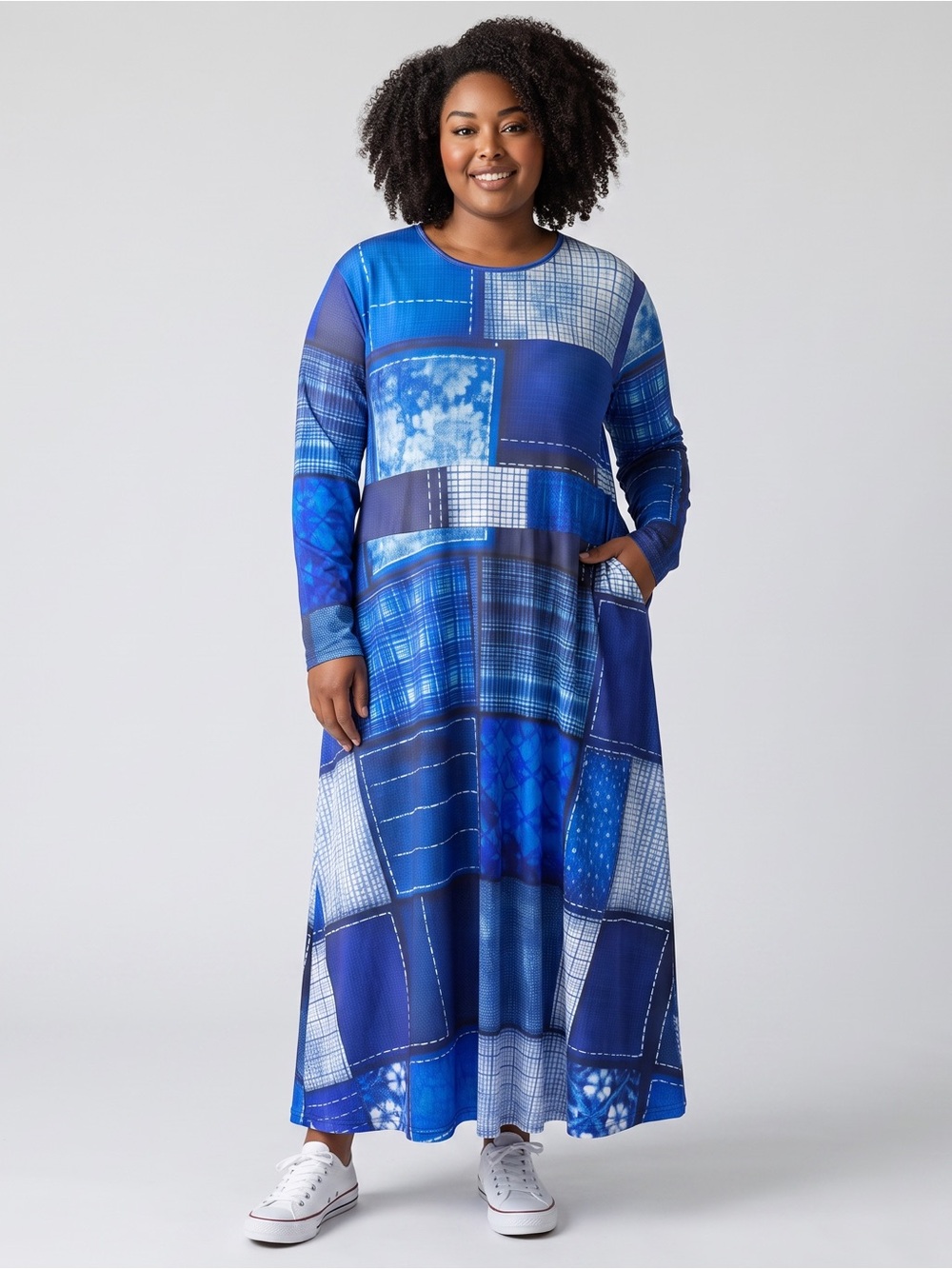 Women’s Plus Blue/White Patchwork Long Sleeve Maxi Dress Size-6XL NEW